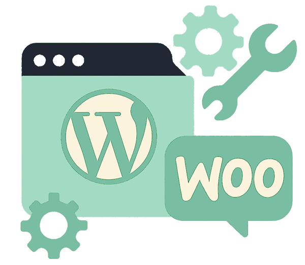 Αφηρημένο flat-design γραφικό που απεικονίζει την κατασκευή e-shop με WordPress και WooCommerce